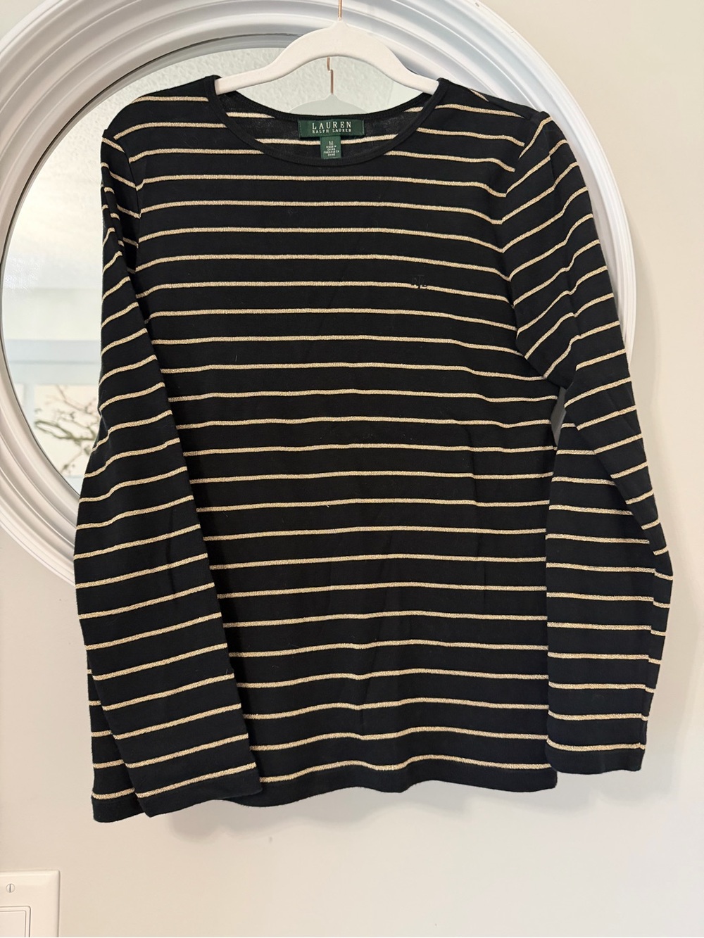 Ralph Lauren Black Long-Sleeve Crewneck with Cream Stripes